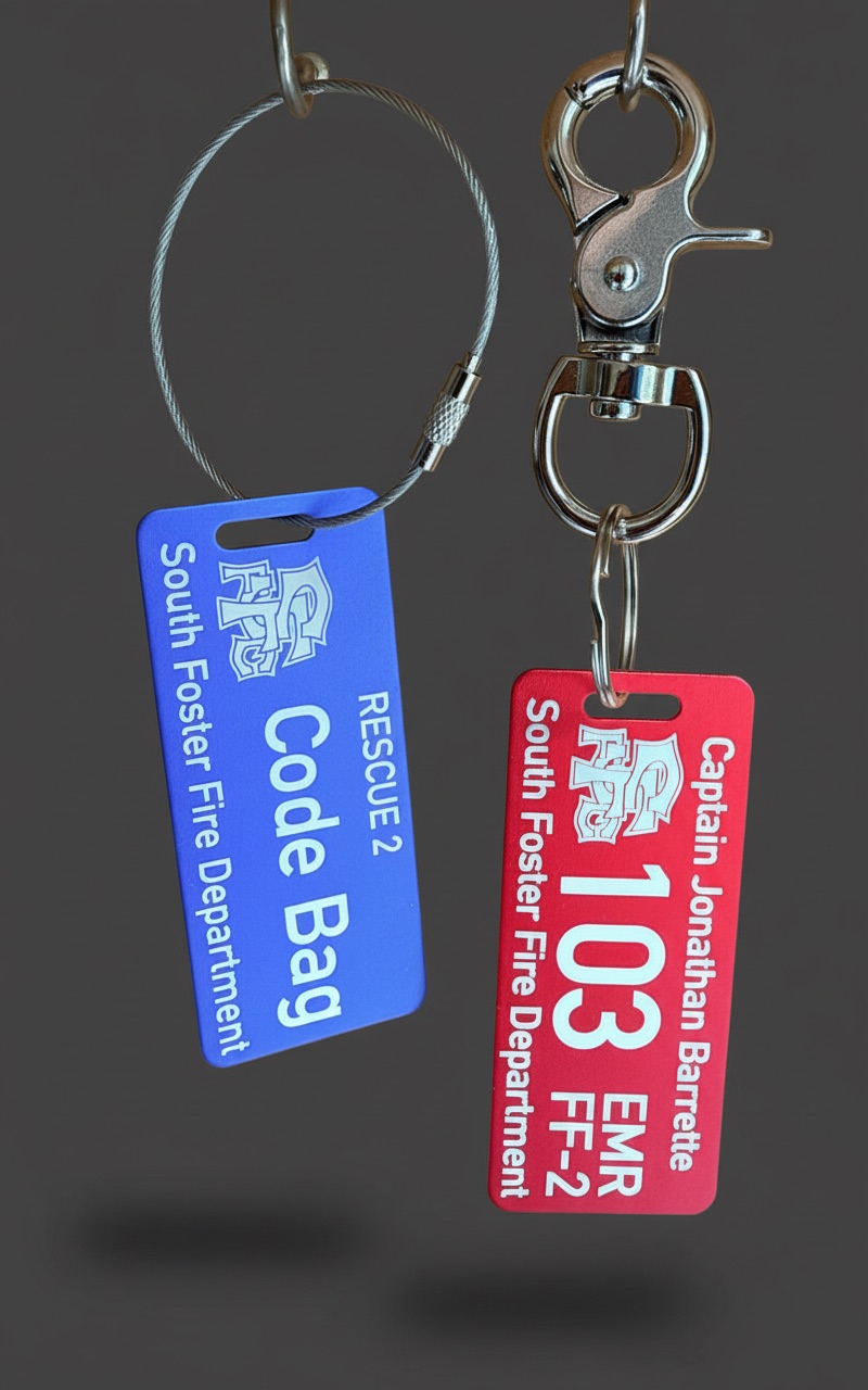A red accountability tag on a spring-loaded snap clasp and a blue code-bag gear tag on a threaded wire tie, both engraved with a department logo